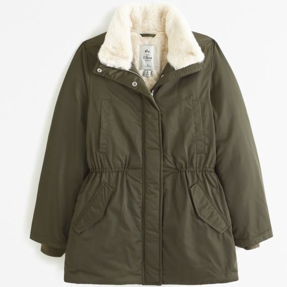 🎄 Abercrombie & Fitch Green Sherpa Lined Hooded Parka - Picture 8 of 16